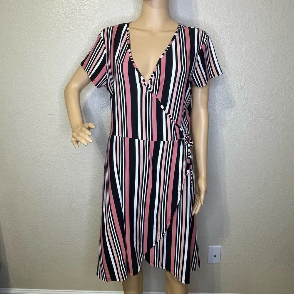 Bobbie Brooks Striped Faux Wrap MIDI Dress Mauve White Black Peach Size Large